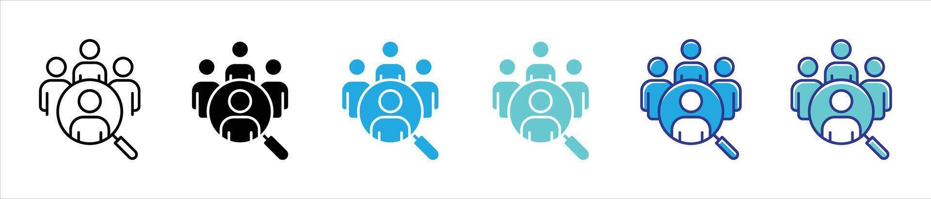 magnifying glass people icon set. contain search people, recruitment, community, discovery, connection thin line and color style icon symbol sign for your app and web vector