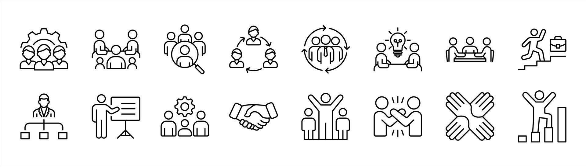 business people icon set. containing teamwork, collaboration, leadership, team success, business team, organization, partnership, presentation thin line and color style icon vector