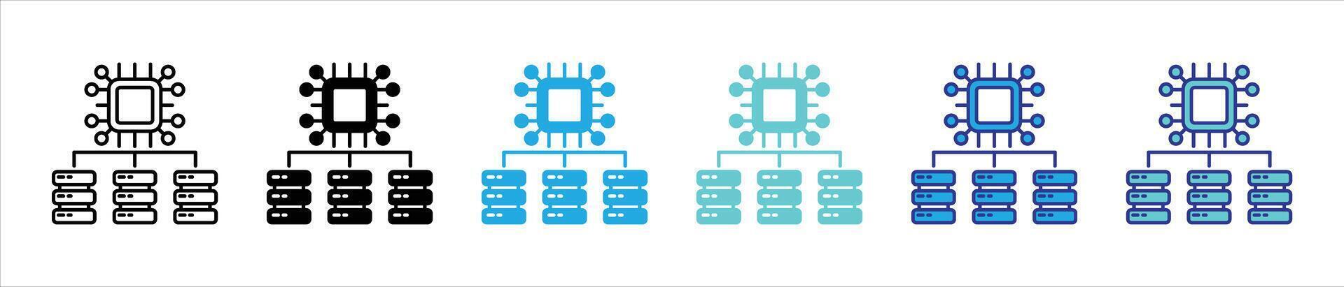 the neural network hub icon set. containing central processing unit orchestrating distribute data server for advanced AI operation thin line and color style icon symbol sign for your app and web vector