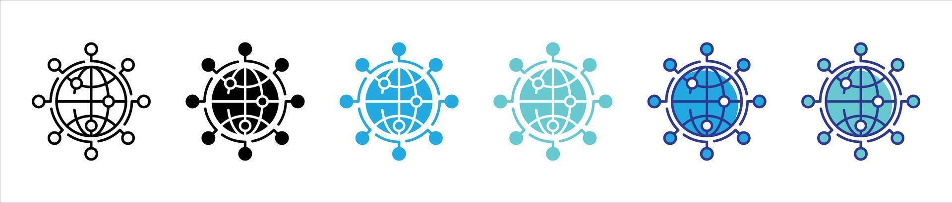global network circuit icon set. containing worldwide connectivity and the integration of artificial intelligence thin line and color style icon symbol sign for your app and web vector