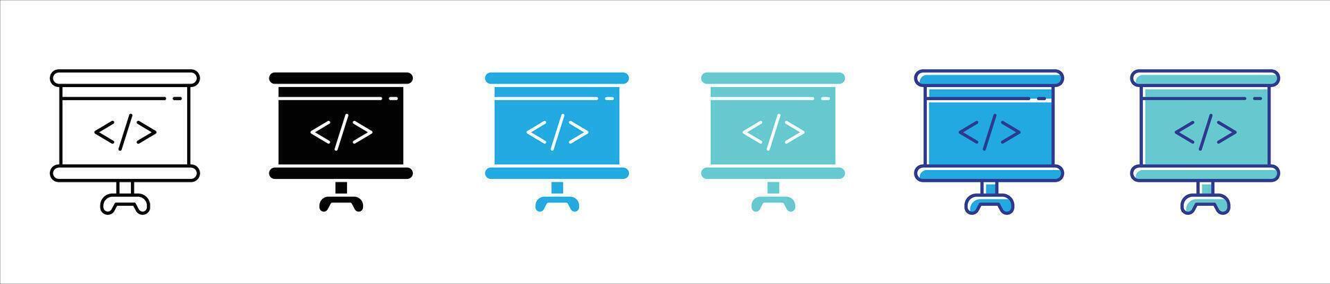 code presentation icon set. contain bridging programming concepts and visual learning in modern development icon, thin line and color style symbol sign for your app and web vector