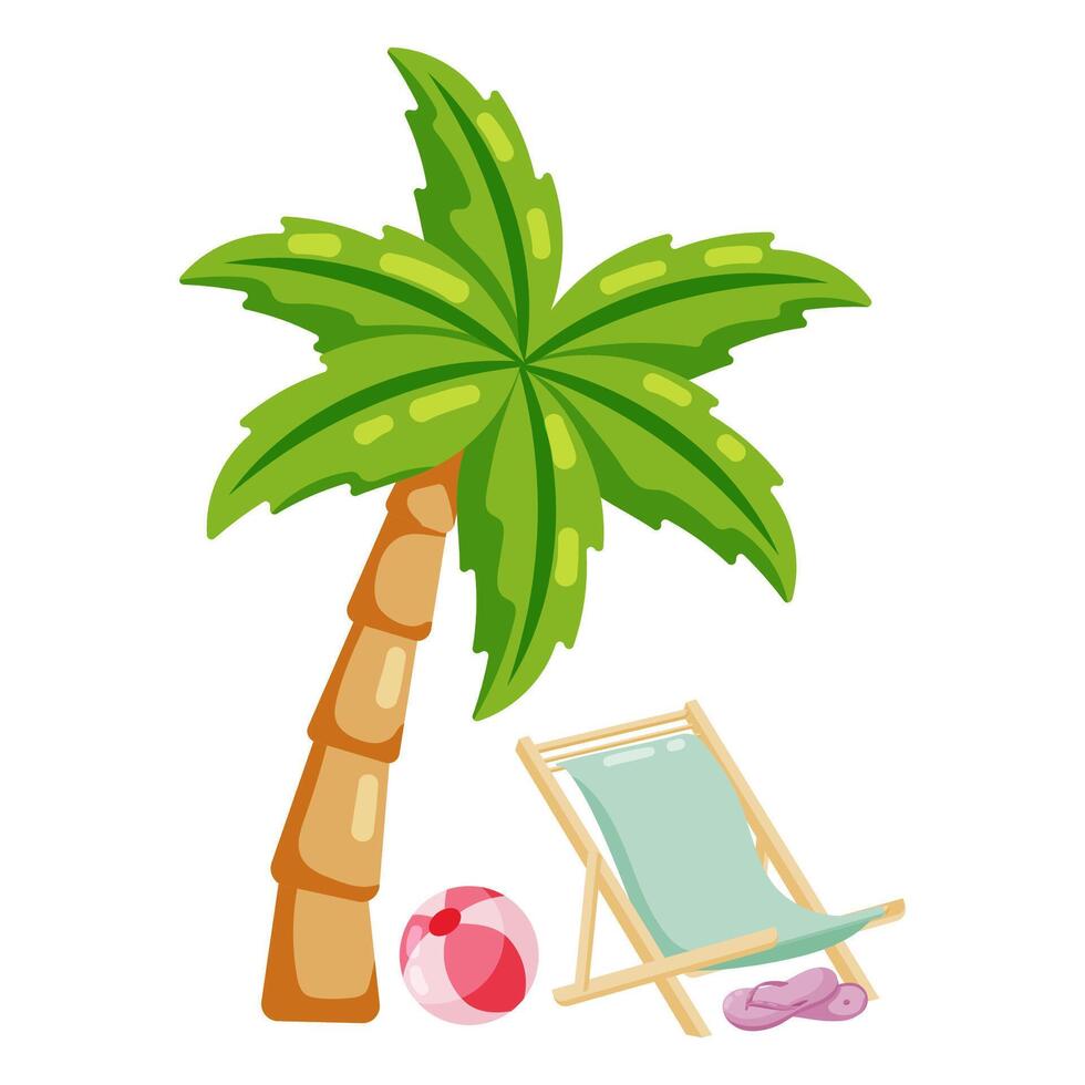 Tropical Beach Scene with Palm Tree Flat Art vector