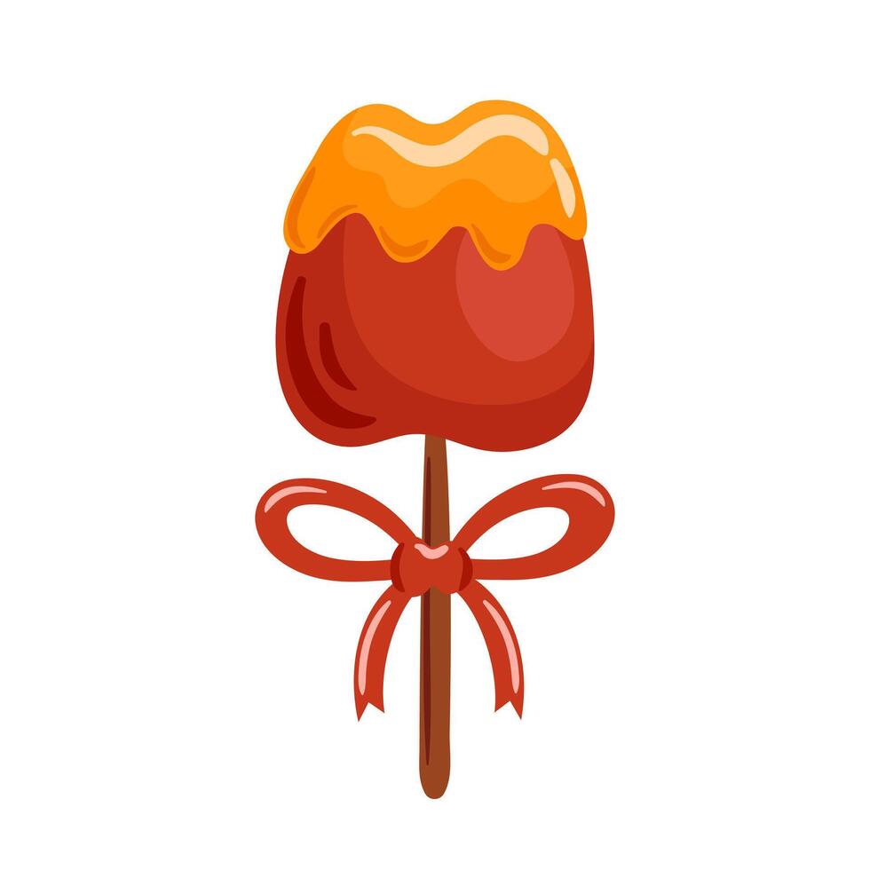 This illustration features a delicious caramel apple on a stick, tied with a bright red bow. The enticing combination of flavors and festive presentation makes it a delightful treat for any vector