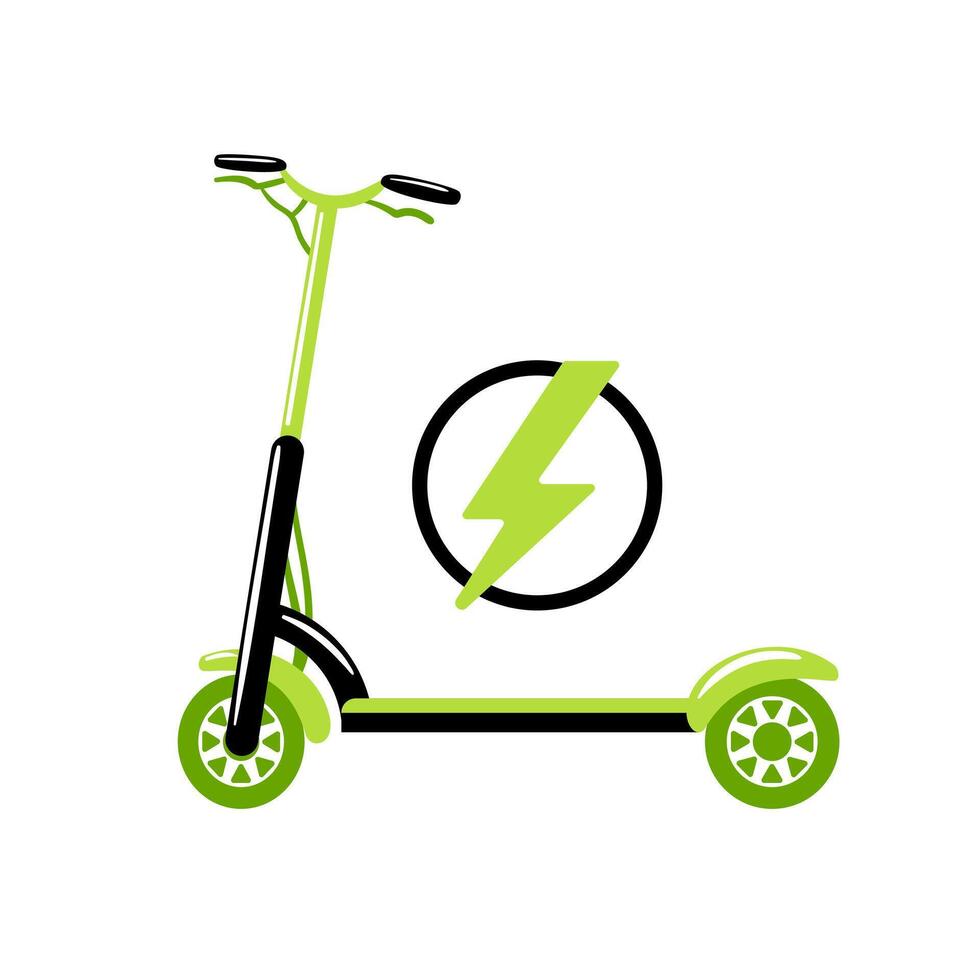 illustration showcases a green electric scooter adorned with a lightning bolt symbol, symbolizing eco-friendly transportation. emphasizes sustainability vector