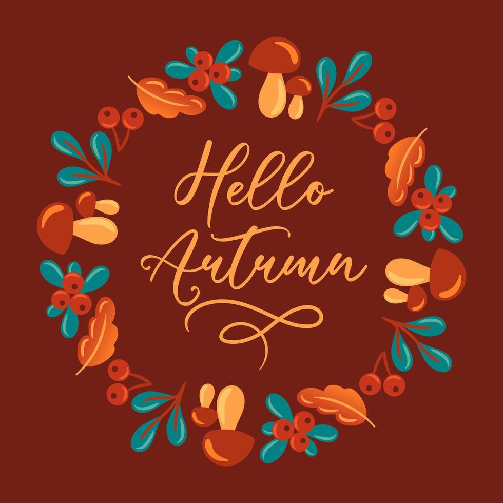 illustration features a round wreath composed of mushrooms, leaves, and berries, perfectly capturing the essence of autumn. Ideal for seasonal decorations and designs, it adds a natural touch vector