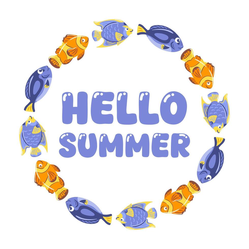 hello summer. A vibrant and whimsical illustration featuring a variety of colorful fish gracefully swimming in a circular vector
