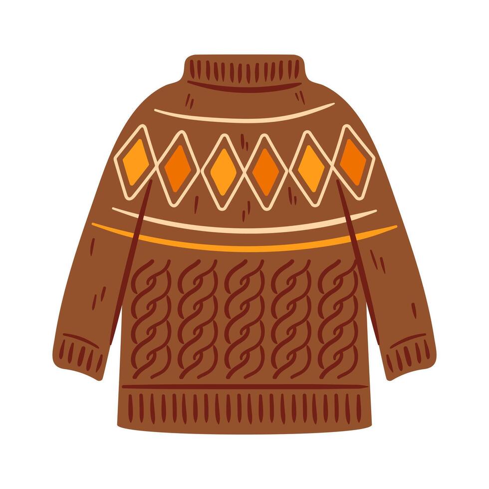 This illustration features a cozy brown knit sweater adorned with an eye-catching geometric pattern. Perfect for fashion designs, winter themes, and stylish apparel presentations. vector