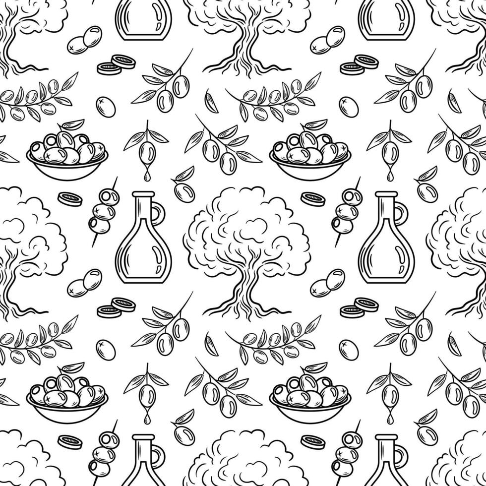 seamless pattern features olive trees, bottles of oil, and olives in a dish, charming sketch. Perfect for Mediterranean themes, culinary designs, or organic product packaging. vector