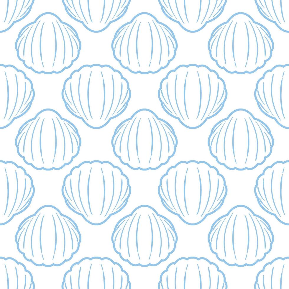 A seamless pattern of outlined shells that elegantly showcases the exquisite shape and nautical style. This minimalist design highlights the beauty, perfect for backgrounds, textiles vector