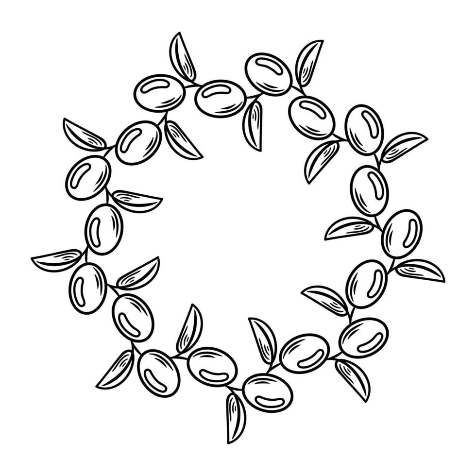 This illustration showcases a round frame made of lush green olives. It beautifully encapsulates the essence of nature and freshness, making it ideal for branding gourmet food or olive oil vector
