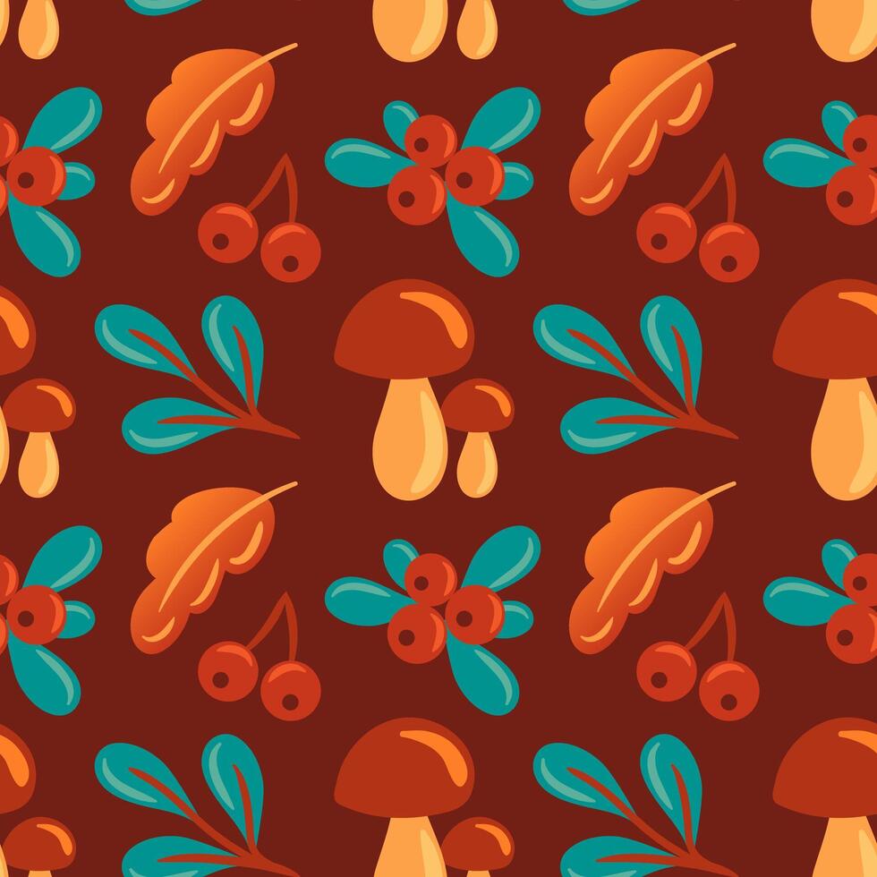 This autumn pattern features mushrooms, leaves, and berries, capturing the essence of fall. Ideal for seasonal projects, textiles, and decor, it brings warmth and a natural touch to any design. vector
