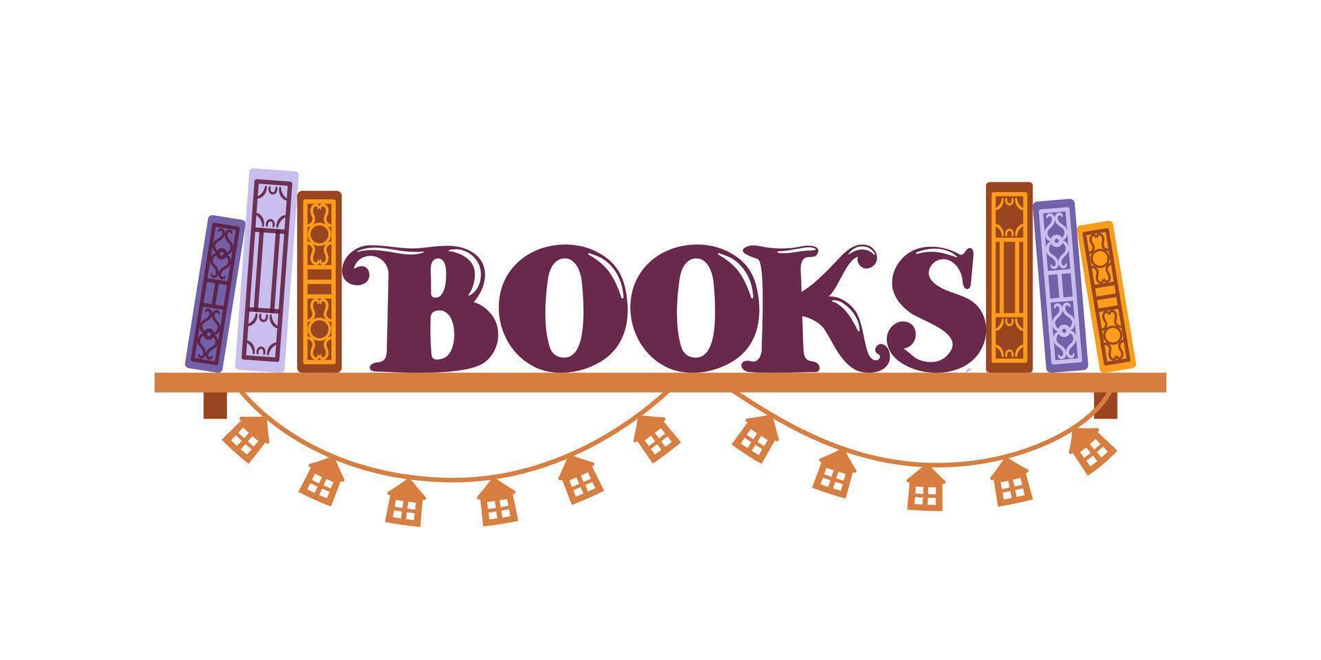 This bright illustration features a whimsical shelf decorated with colorful books and decorative garlands, creating a cozy atmosphere for reading. Perfect for book lovers and educational themes vector