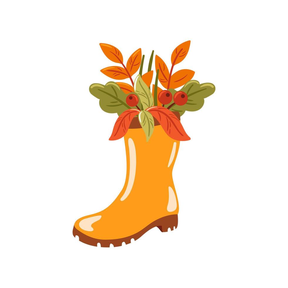 This illustration features a stunning autumn floral arrangement presented in a cheerful orange rubber boot. Perfect for seasonal decor, the vibrant colors bring warmth and charm to any space. vector