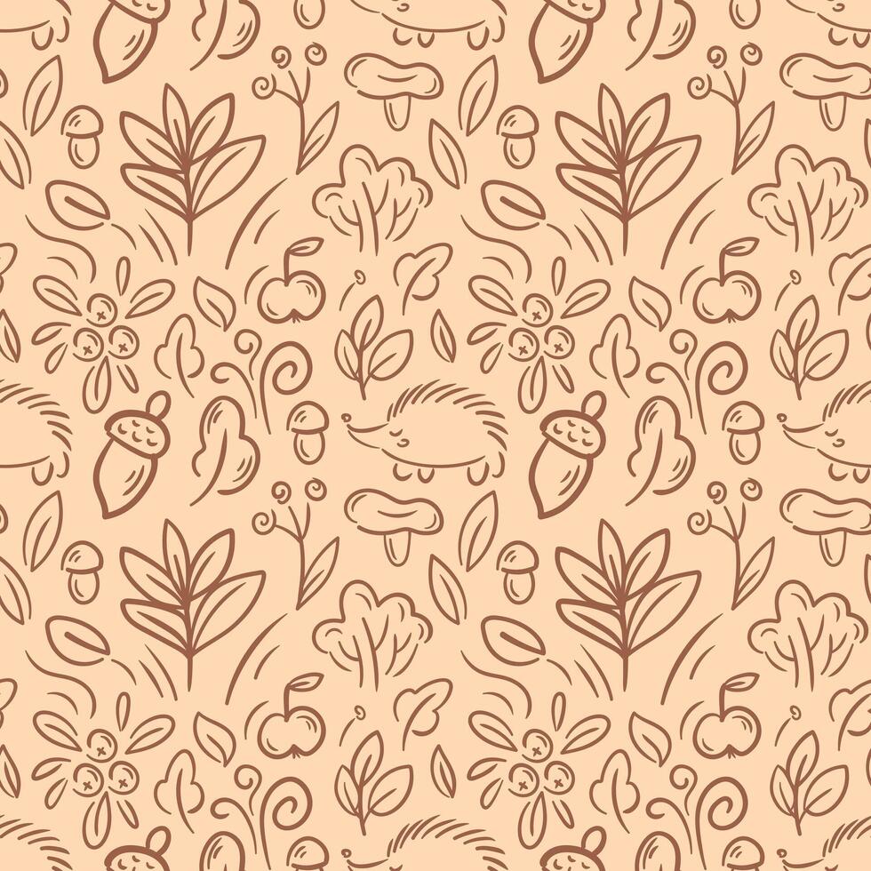 seamless pattern features whimsical hand-drawn elements like hedgehogs, plants, mushrooms, and acorns against a soft beige background. The charming design evokes a playful, nature-inspired vibe. vector