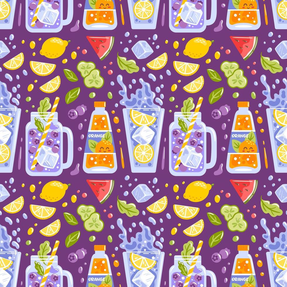 Colorful drinks and fruits pattern vector