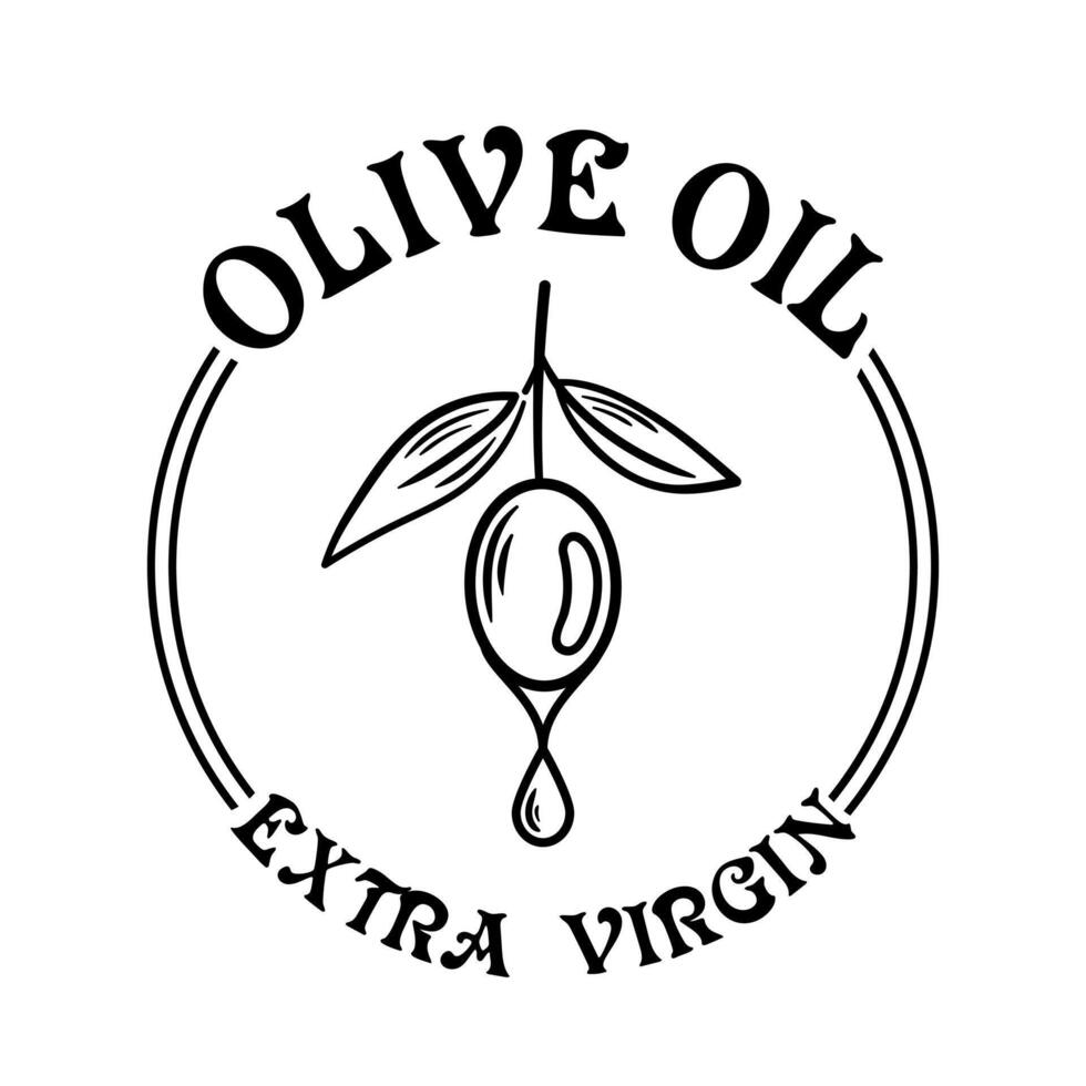 This illustration features an olive oil label showcasing a single olive and a droplet of oil. The design conveys richness and purity, embodying the essence of high-quality Mediterranean cuisine vector