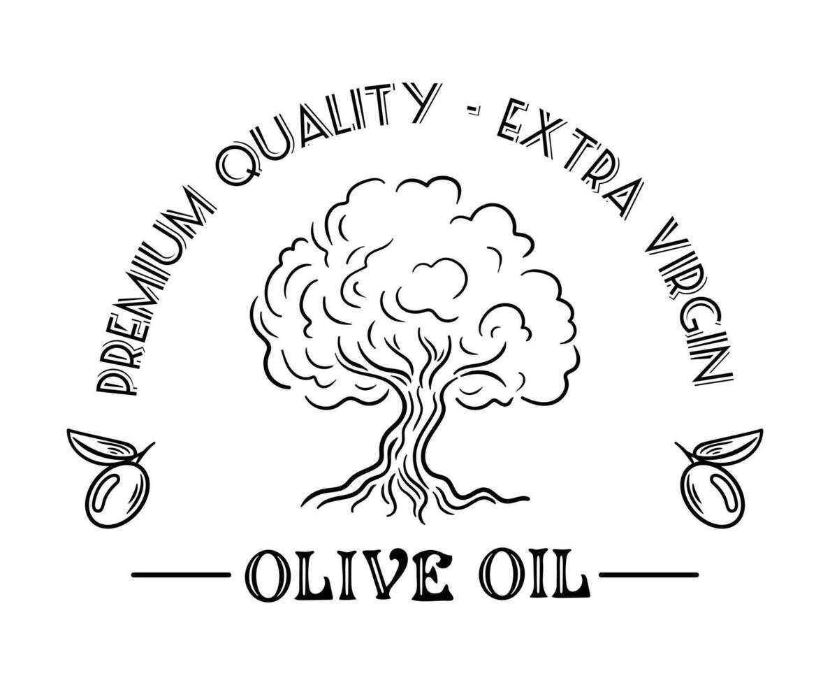 illustration features an olive oil label adorned with a beautiful olive tree design. It captures the essence of nature and Mediterranean charm, ideal for showcasing premium quality and authenticity. vector