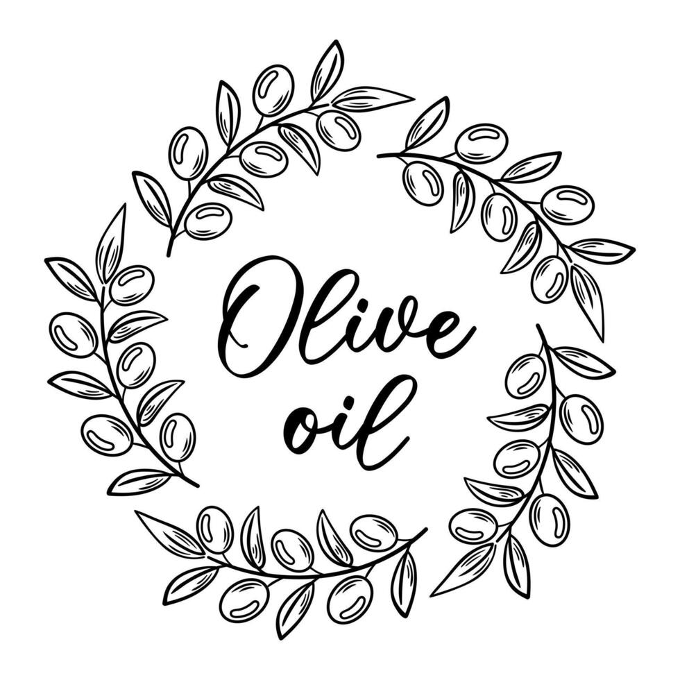 This illustration showcases a round frame made of olive branches, ideal for an olive oil label. Its elegant design exudes natural beauty and freshness, perfect for gourmet branding and eco vector