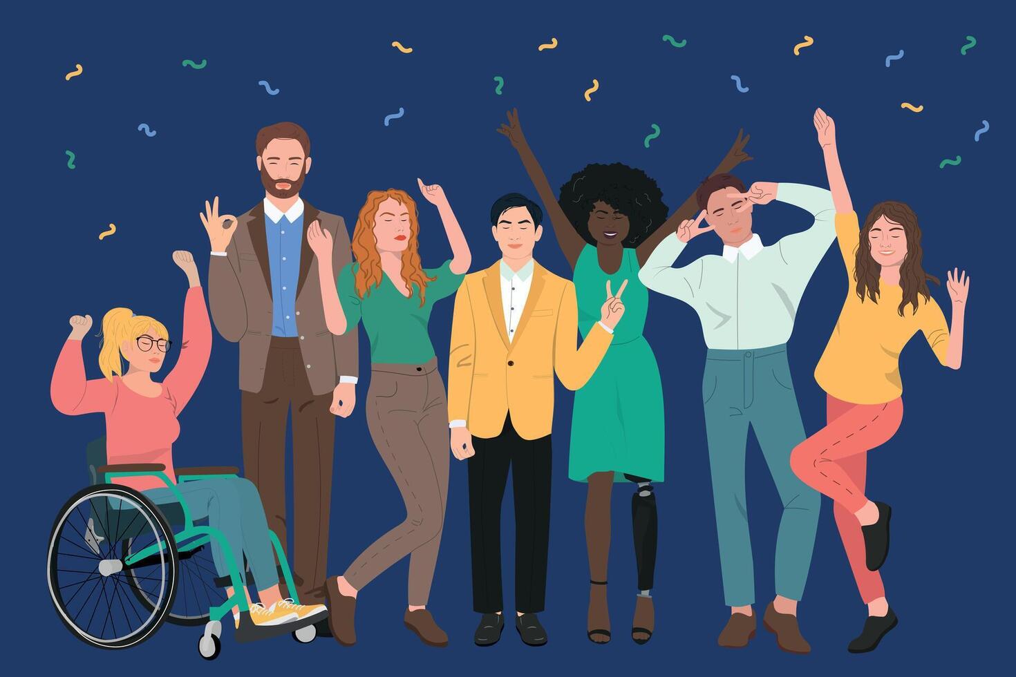 Diverse group celebrating with cheerful expressions vector
