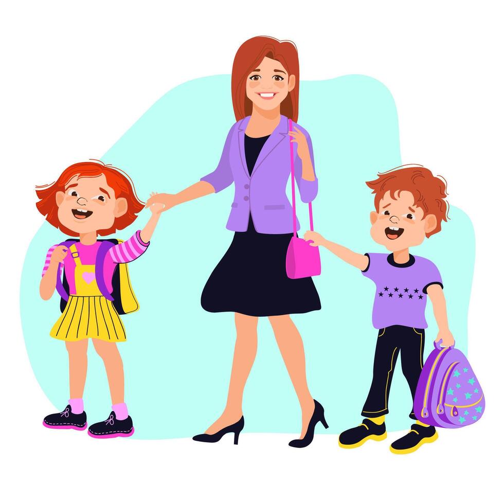 Mom, son, and daughter are holding hands and walking to school. Family scene, care, parenting. A loving mother and her children strolling, talking, and smiling. flat illustration. vector