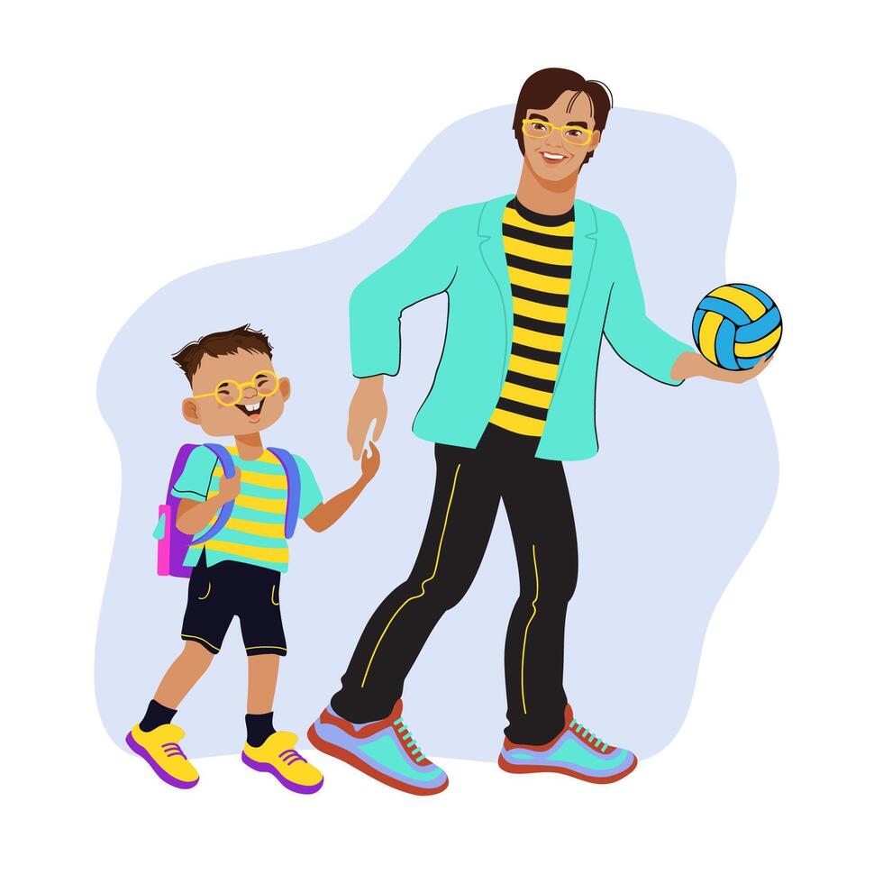 Dad and son walk to school. Family scene. illustration. vector