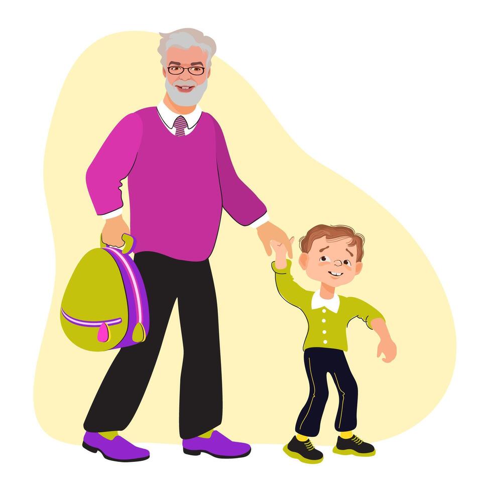 Grandfather and grandson are holding hands and walking to school. Family scene, care, parenting. A loving grandfather and child strolling, talking, and smiling. flat illustration. vector