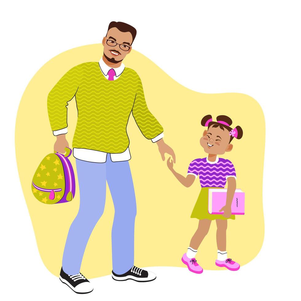 Dad and daughter are holding hands and walking to school. Family scene, care, parenting. A loving father and his child strolling, talking, and smiling. vector