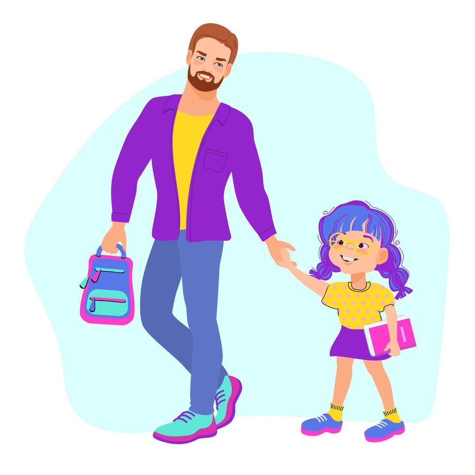 Dad and daughter are holding hands and walking to school. Family scene, care, parenting. A loving father and his child strolling, talking, and smiling. flat illustration. vector