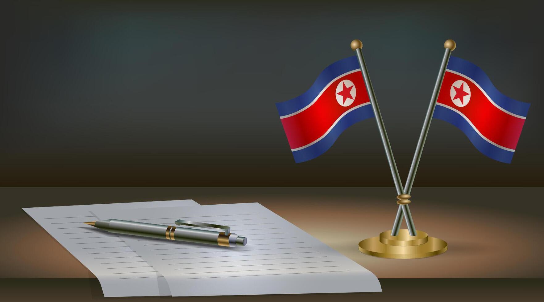 North Korea table flag on a dark gradient color background table. Illustration vector