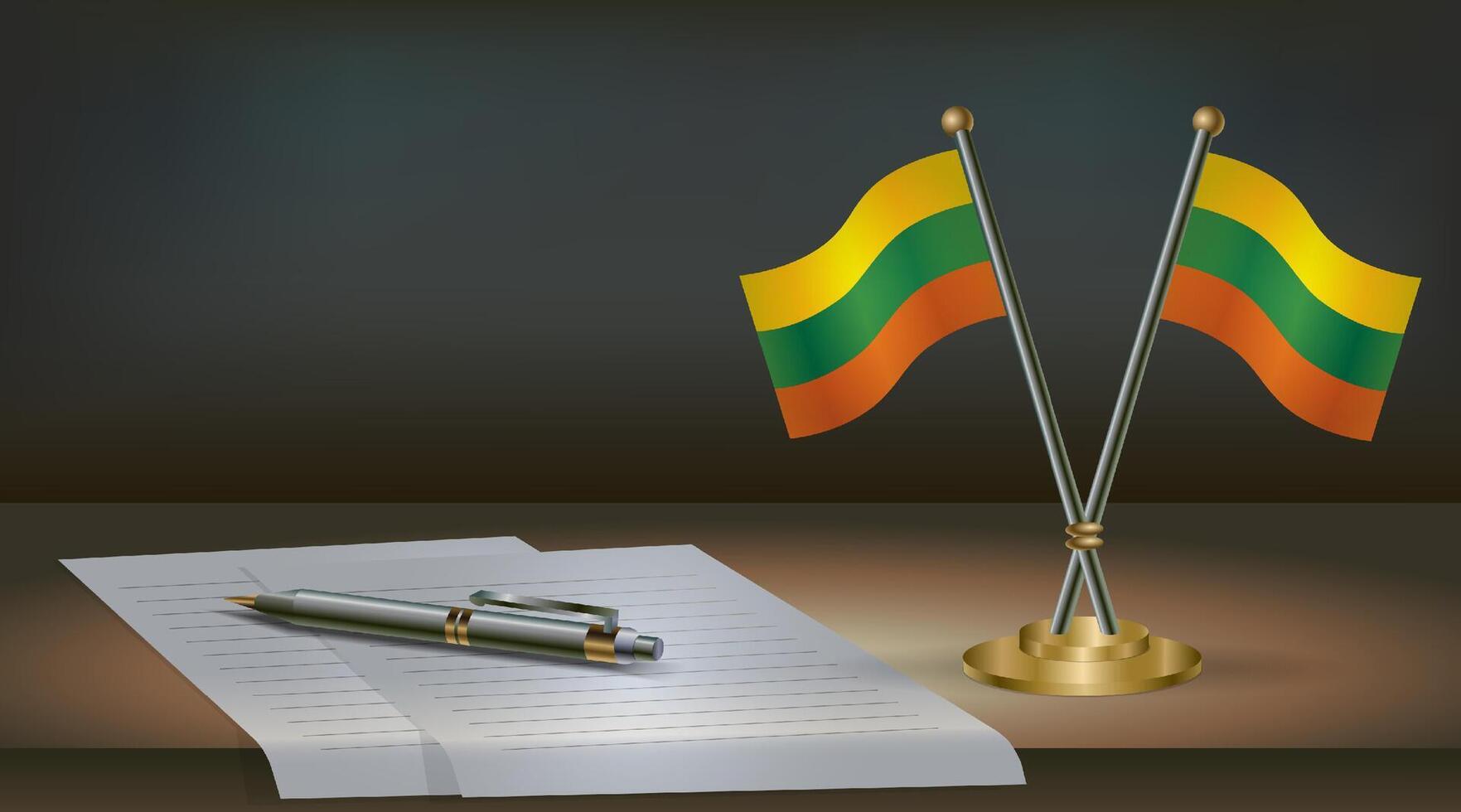 Lithuanian table flag on a dark gradient color background table. Illustration vector