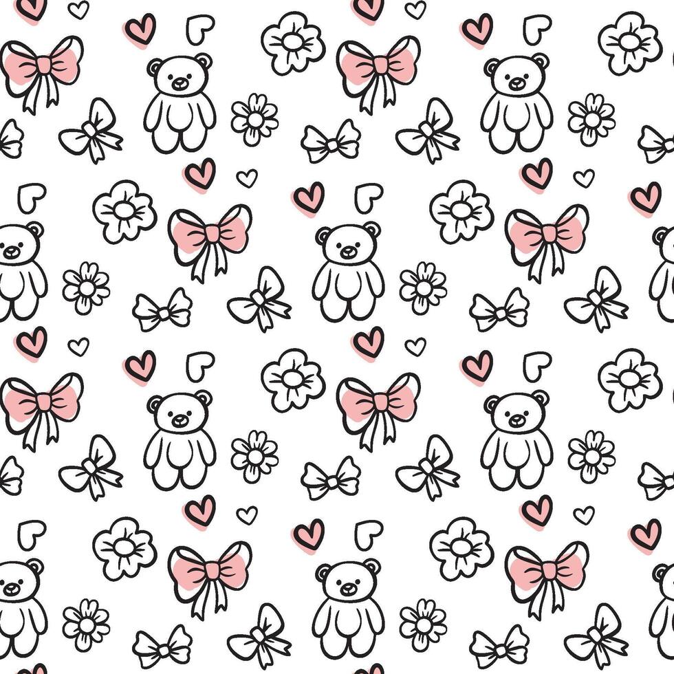 Seamless pattern with bows, flowers and hearts. Romantic decorative pattern. Doodle background with bow. Design for greeting card and birthday party vector