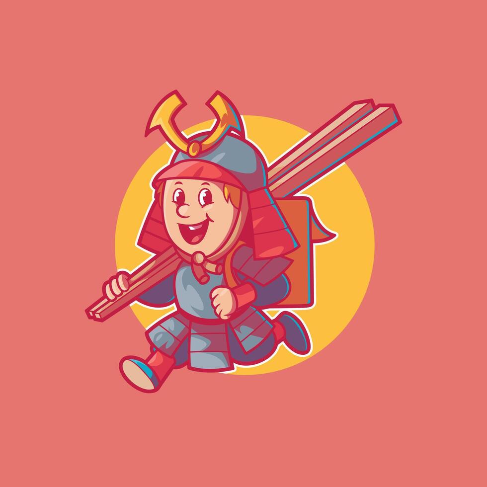 Samurai Food Delivery Character Holding Chopsticks. vector