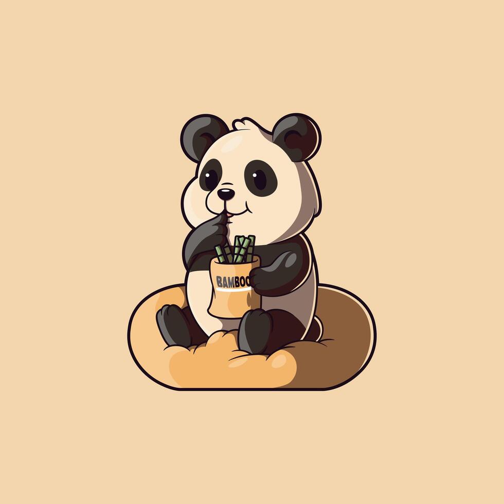 Cute Panda Eating Bamboo on a Puff. vector