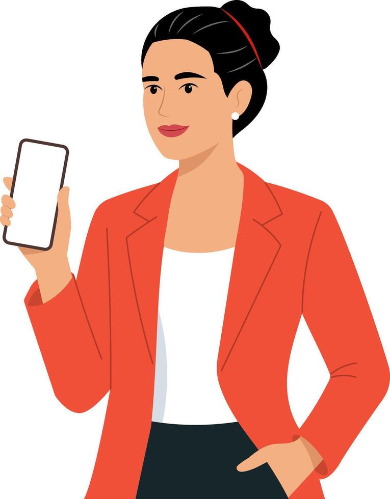 Woman in a red blazer with smartphone vector