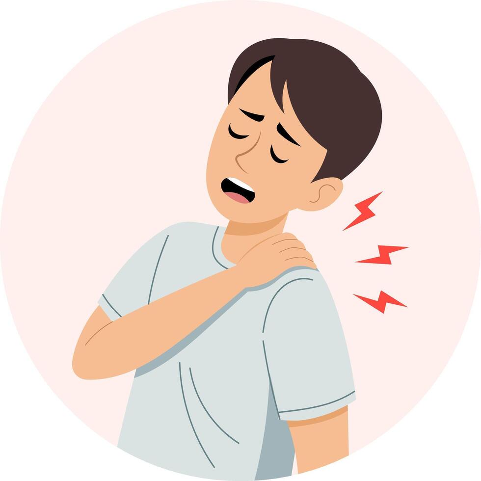 illustration of a young man experiencing shoulder pain. His facial expression shows discomfort. vector