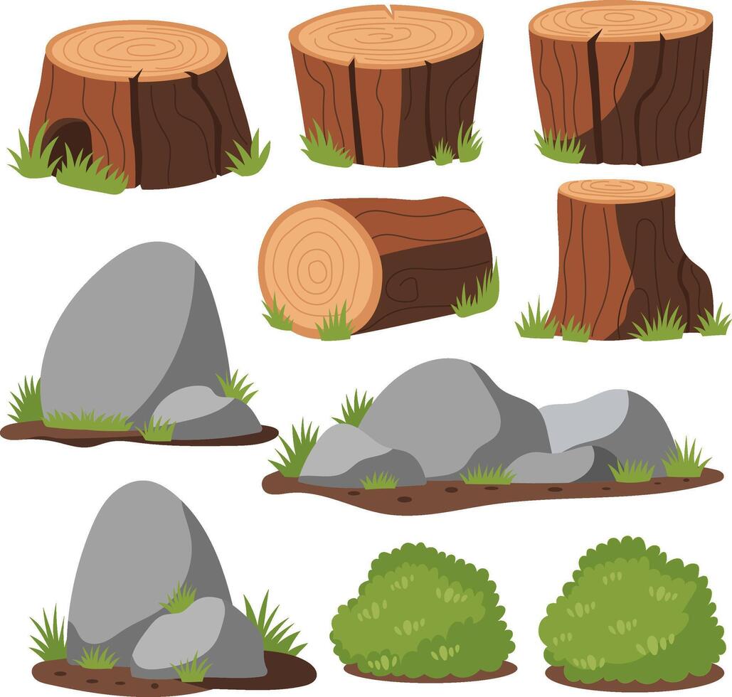 Illustration Set Nature Element Tree Stumps Rocks vector