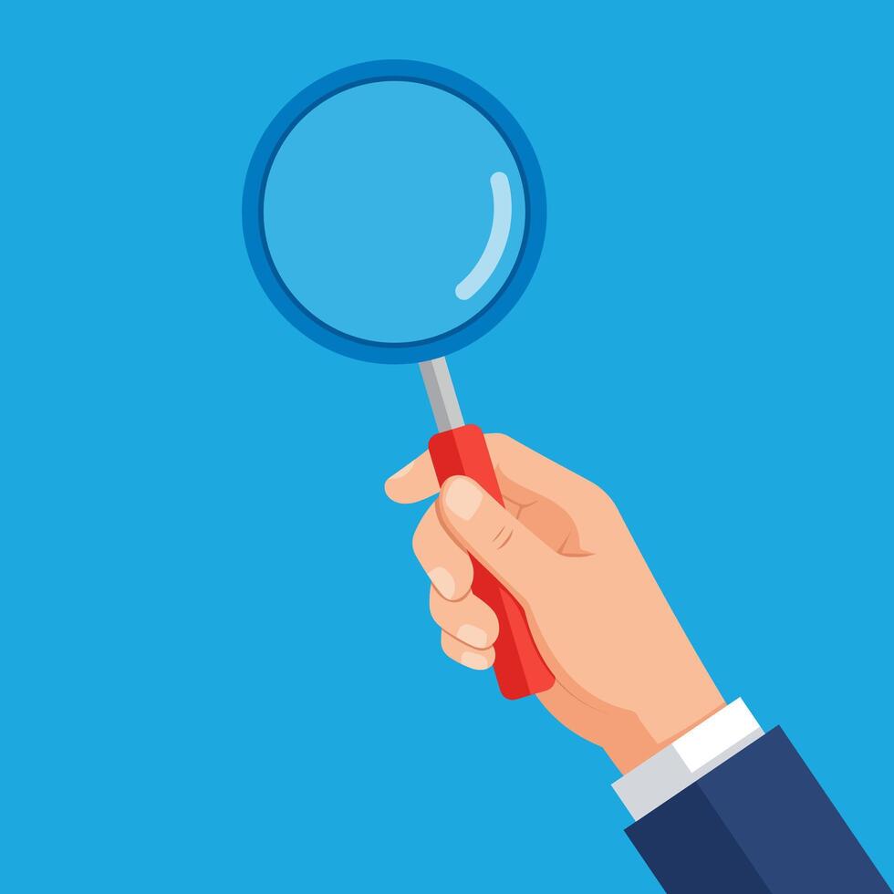 Illustration of a Hand Holding a Magnifying Glass Symbolizing Detailed Search and Uncovering Key Information for Clarity and Discovery. vector