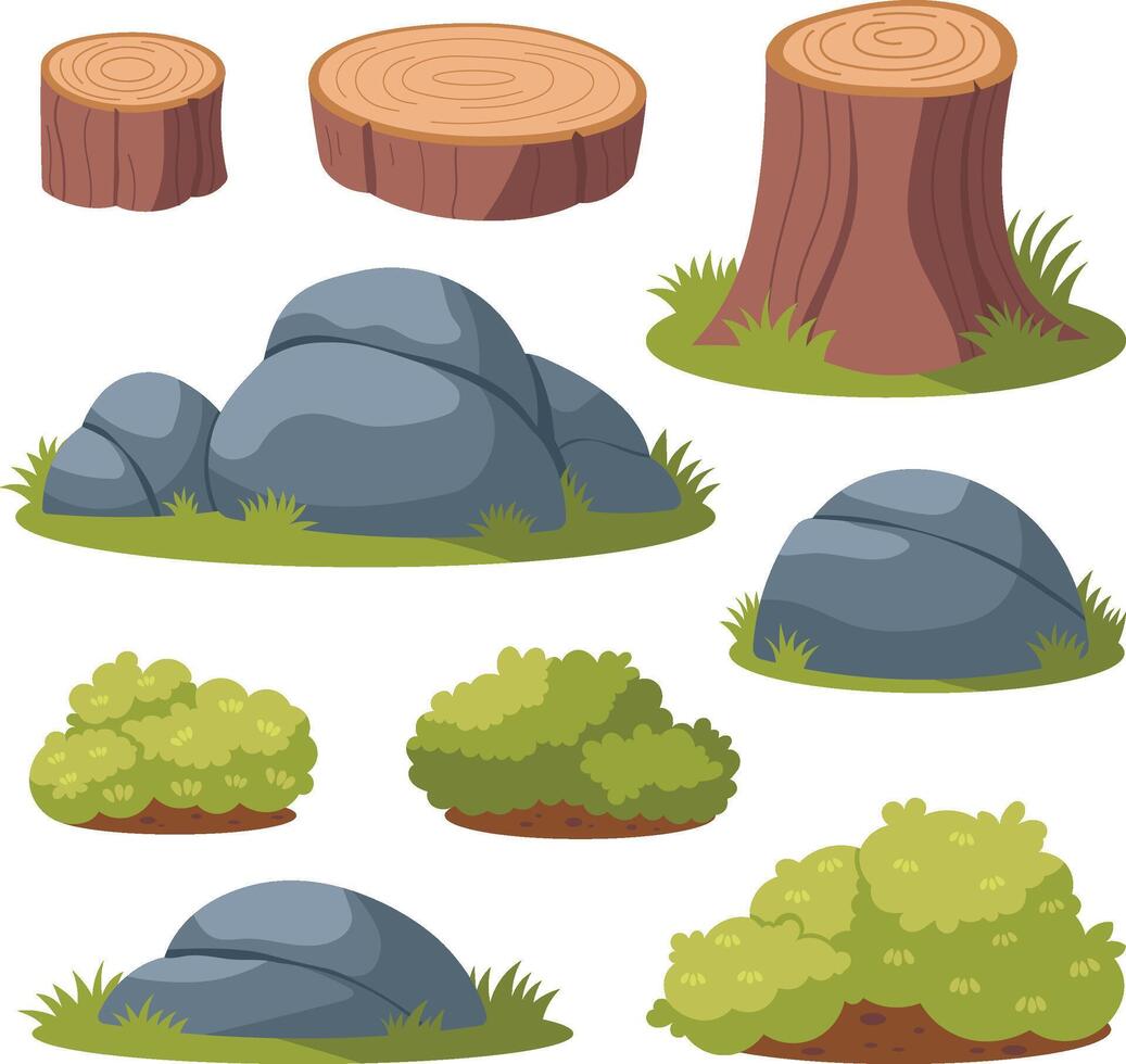 Nature's Elements Tree Stumps, Rocks, and Bushes Illustration Set vector