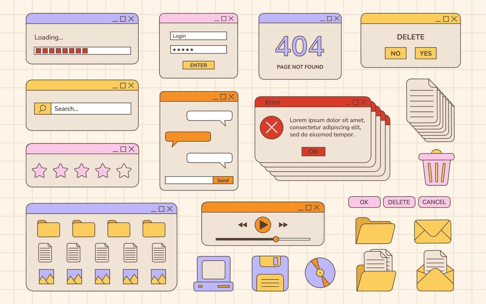 Colorful web interface components and error messages vector