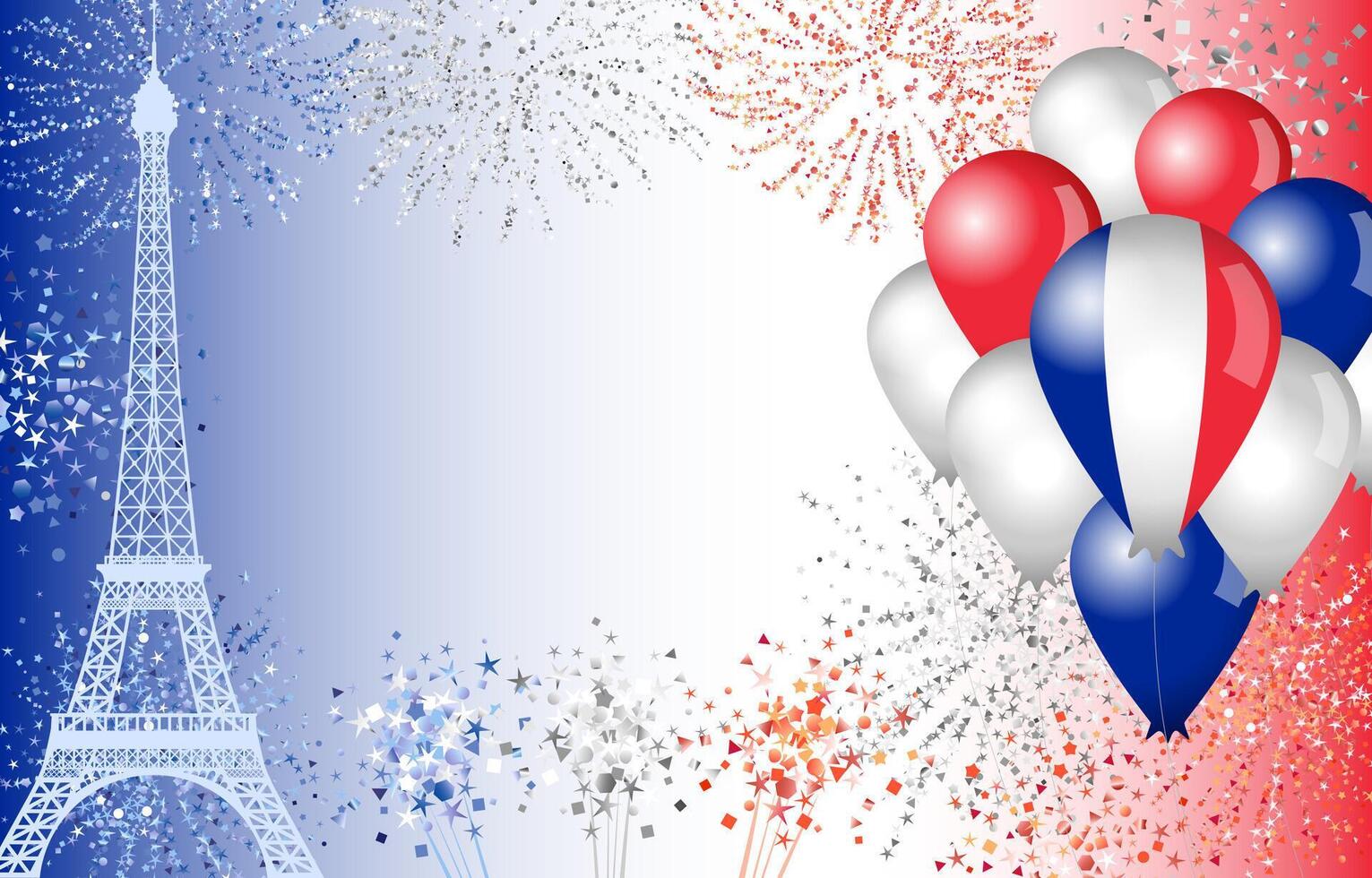 Holiday background with shiny fireworks, realistic 3D balloons and copy space. Banner template vector