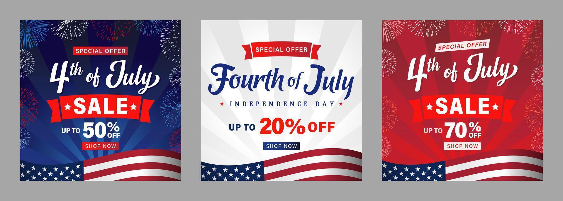 Set of banners with special offer SALE for 4th of July with flag and fireworks. Happy Fourth of July, Independence Day USA creative discount templates vector
