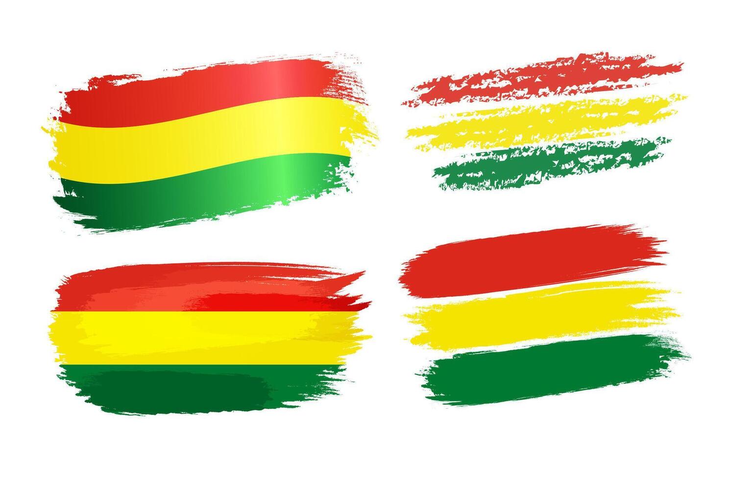 Set of creative flags of Bolivia in brushing stroke style. Three color flag in watercolor, pencil and chalk drawing variations. 3D and flat collection. Business or holiday event concept. Graphic signs vector