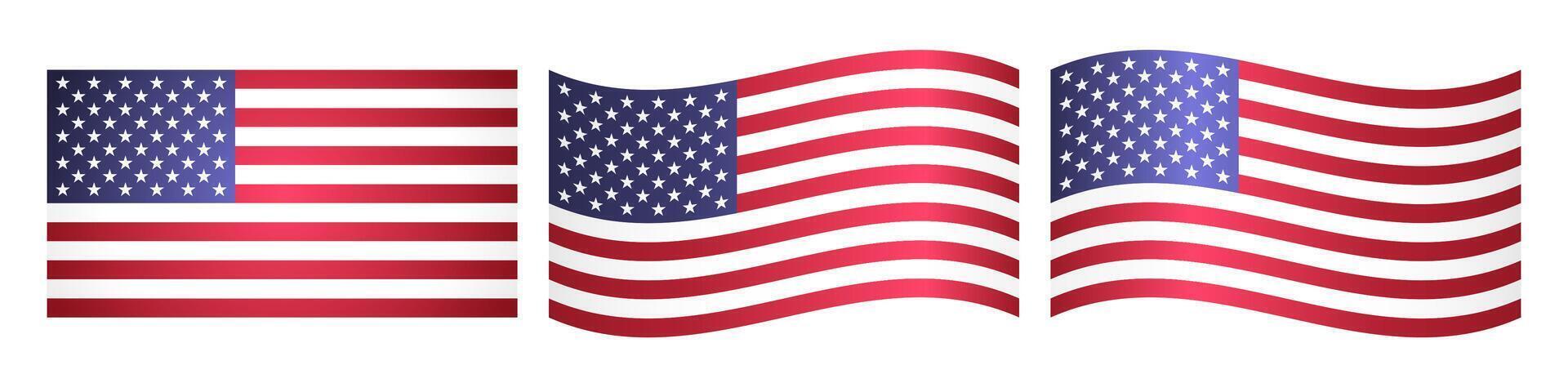 Set of US creative 3D flags. Classic and wavy design. Flag of the United States icons. Sports or business elements vector