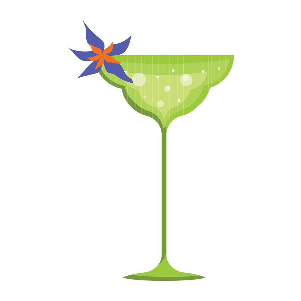 Illustration of a green glass with a drink on a thin stem with a blue and orange flower on a white background. vector