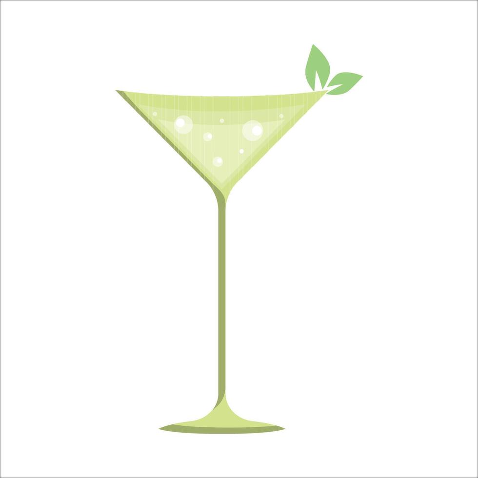 illustration of a light green glass on a thin stem with mint leaves on a white background. vector