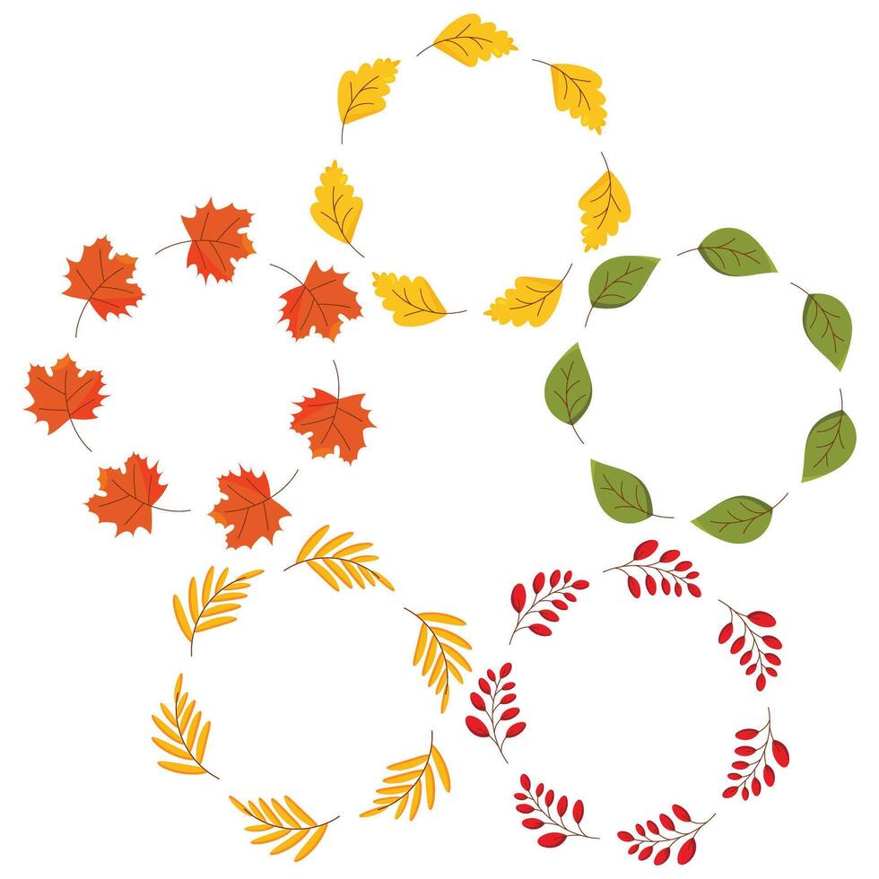 A set of wreaths of autumn leaves, maple leaf, rowan branch, oak leaf. vector