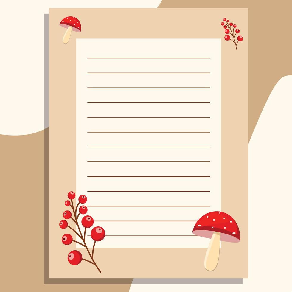 An autumn banner, a piece of paper, and a notebook page are decorated with mountain ash branches and mushrooms on a beige background. vector