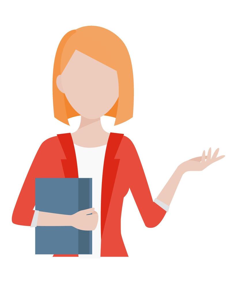 Modern woman with long bob blonde hair. Has notebook or inventory pad. Wears shirt with a casual jacket, showing approachability. Her look depicts business operations worker, librarian, or student. vector