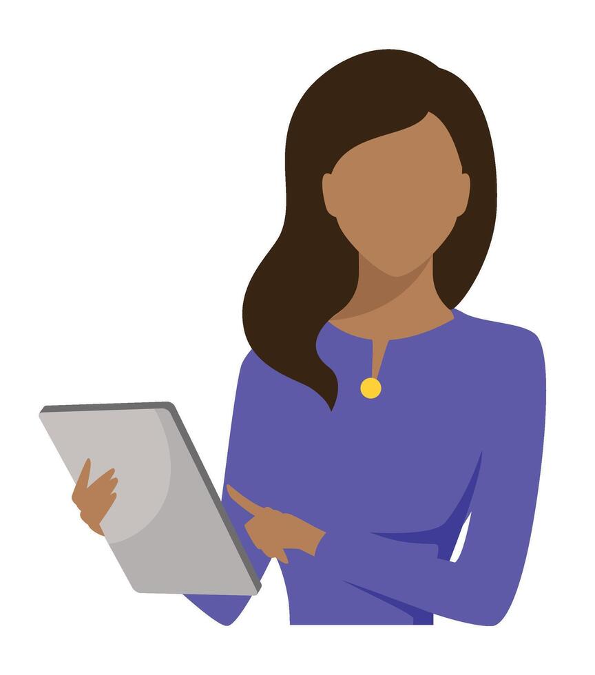 Mixed race woman with long hair, confidently holding a tablet. The minimal design is ideal for depicting a businesswoman, manager, entrepreneur, diversity, and professionalism in the workplace. vector