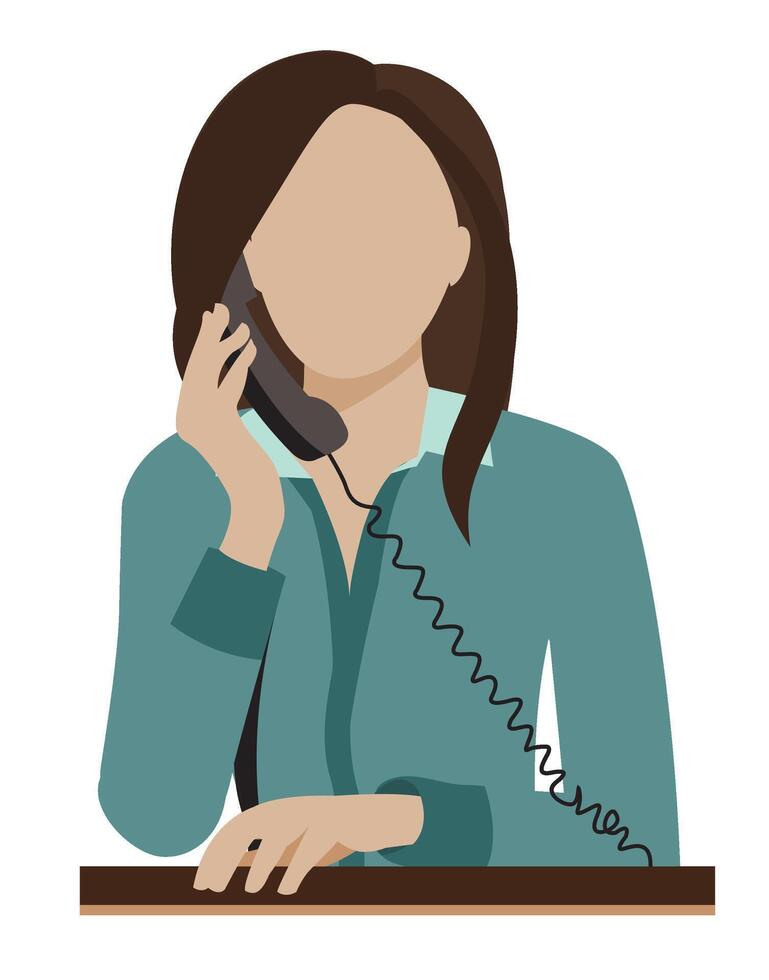 Woman at a desk, talking on a landline phone, faceless. Wears a comfortable cardigan with straight hair. The setting could be an office or reception area. This illustration conveys approachability. vector